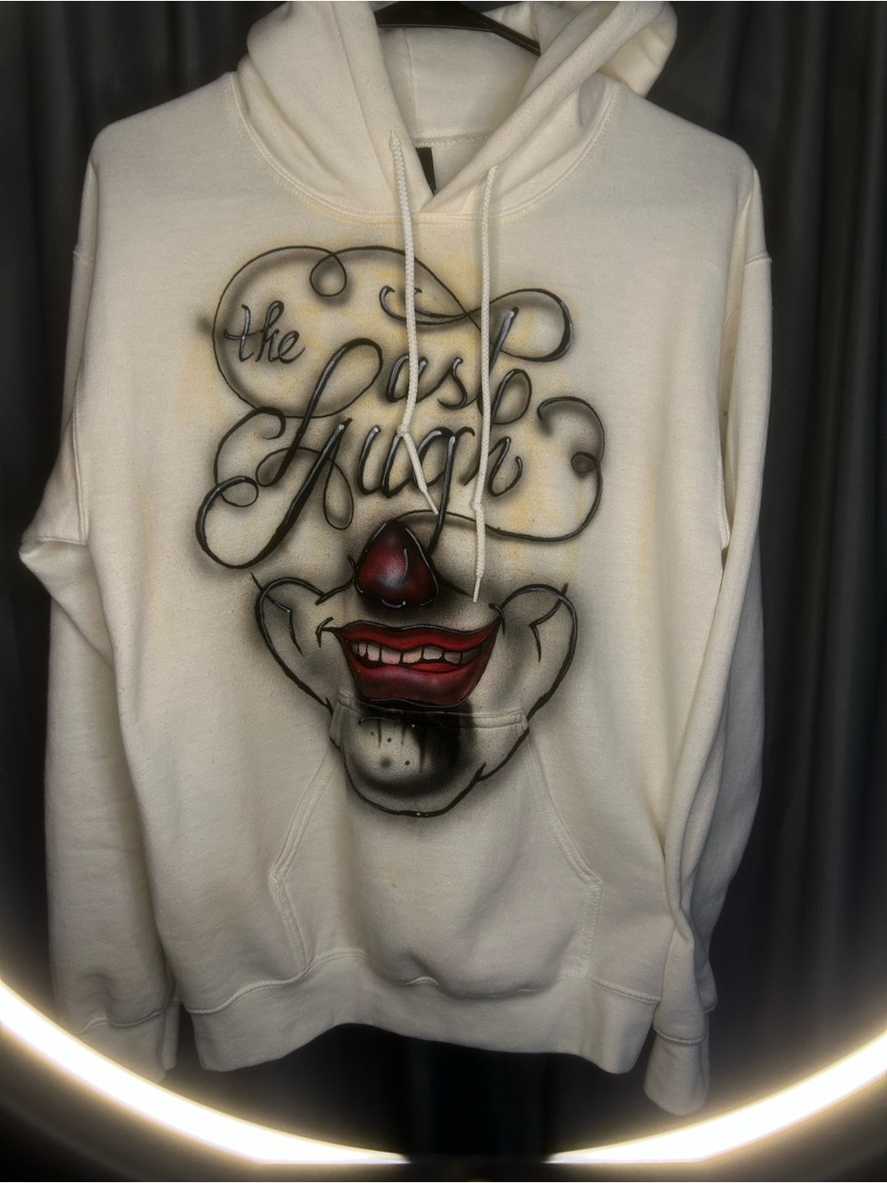 Gildan Cream Graphic Crewneck Hoodie with Clown Face Script